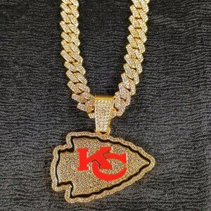 NFL Kansas City Chiefs 20inch Necklace Pendant Cuban Chain Link Football Jewelry